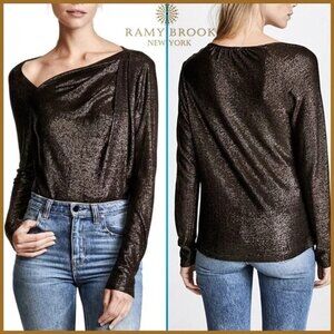 Ramy Brook – Arsola Asymmetrical Neck Long Sleeve Metallic Knit Top
